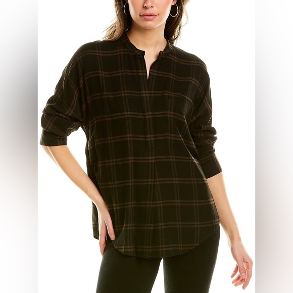 Vince HenleyBlack Brown Plaid Relaxed Fit BlouseSize Small